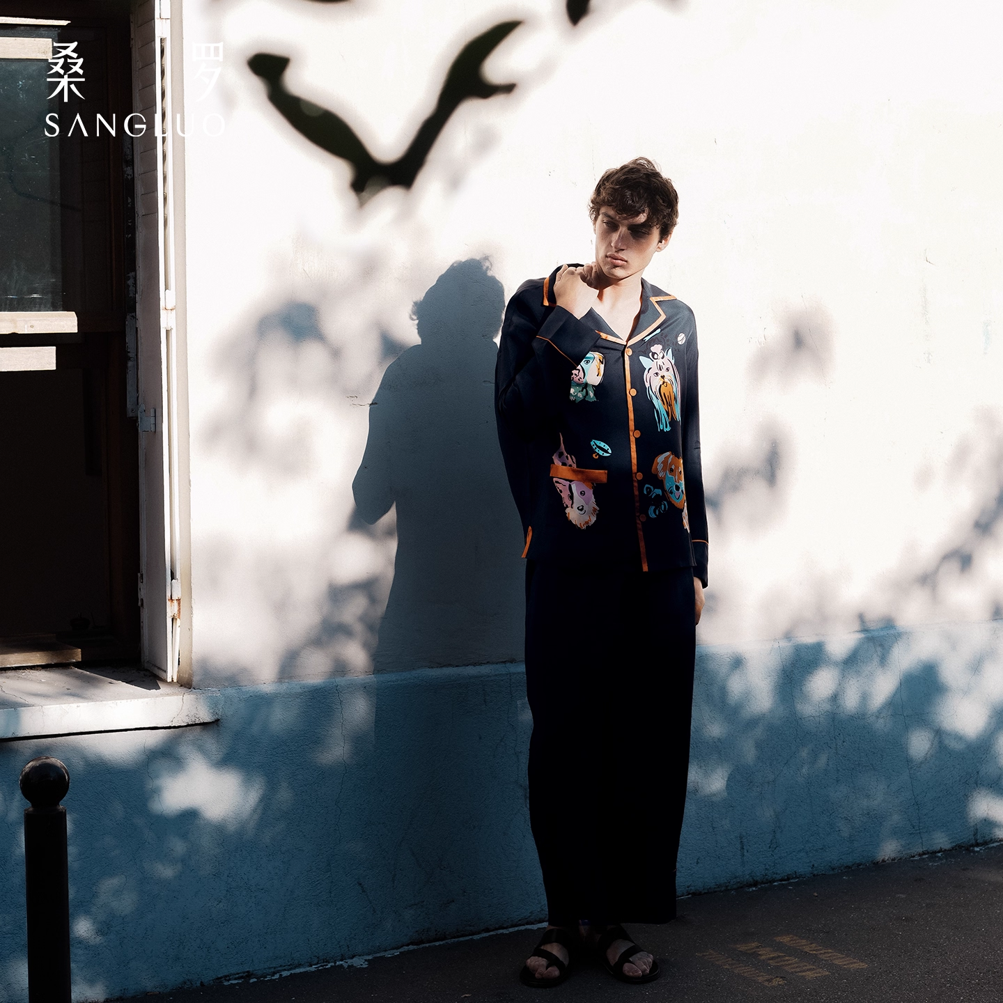 Magic dog navy blue 100% mulberry silk men's home wear