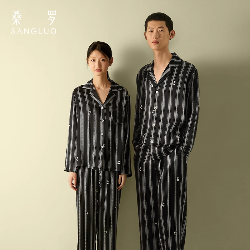 Panda-printed home wear silk pajama set for men