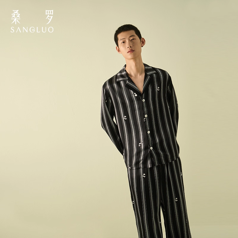 Panda-printed home wear silk pajama set for men