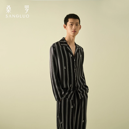 Panda-printed home wear silk pajama set for men