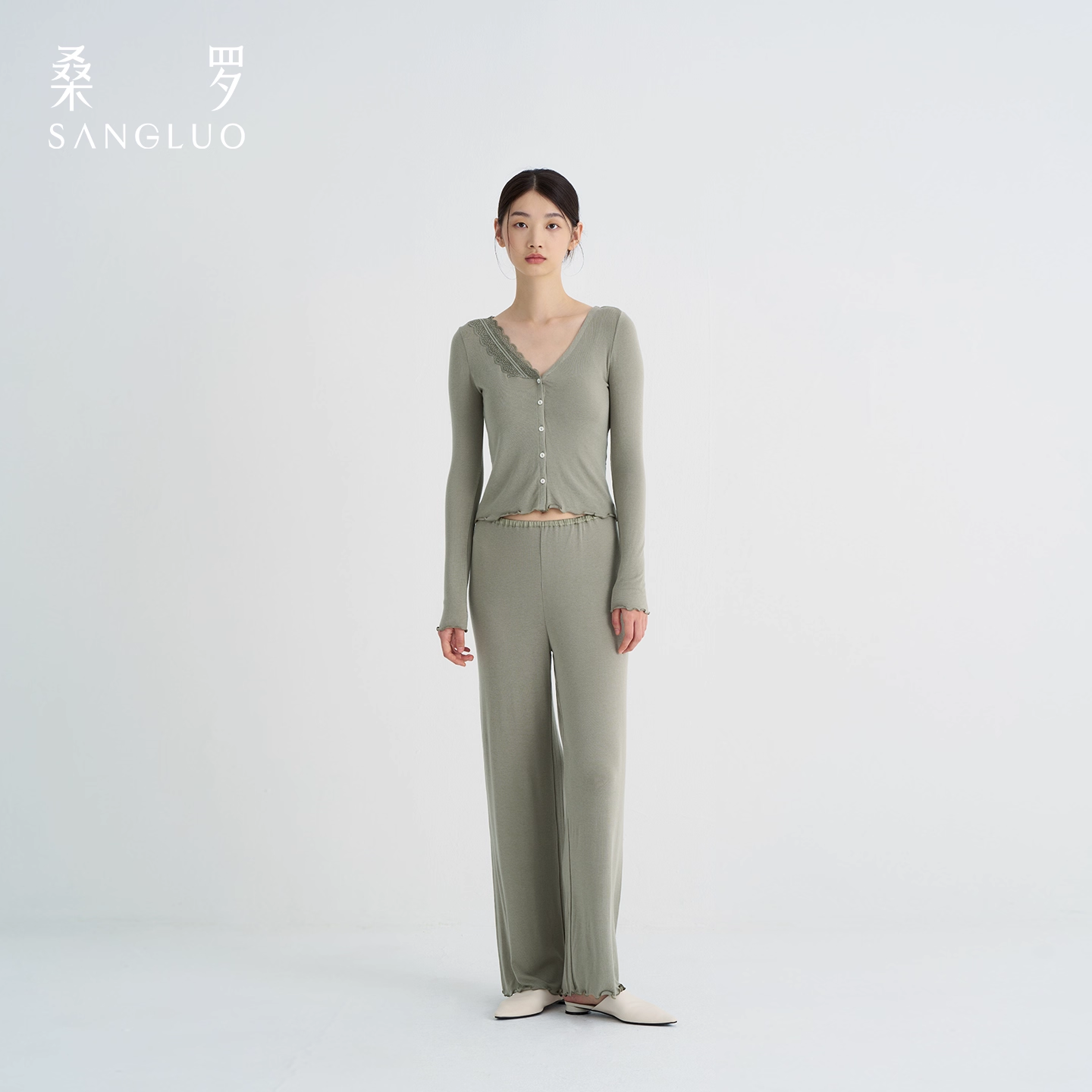 sangluo Silk cashmere knitted set, skin-friendly base three-piece home wear
