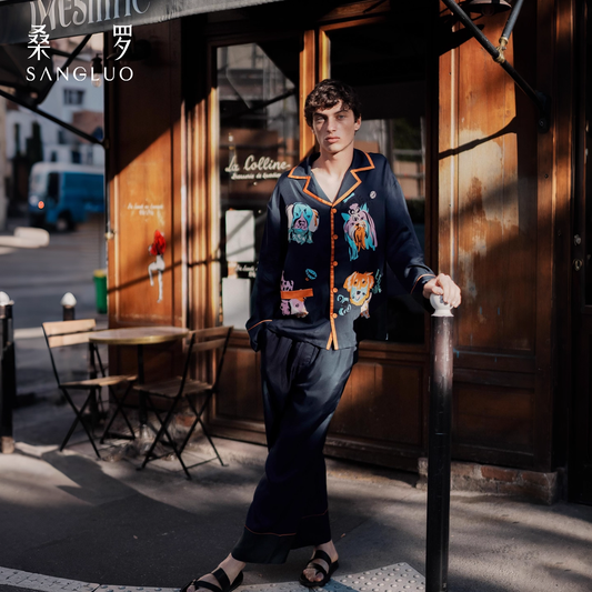 Magic dog navy blue 100% mulberry silk men's home wear