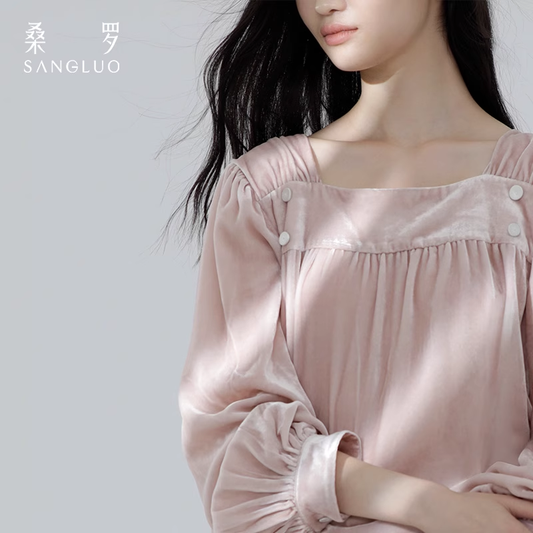 Mulberry silk velvet pajama set, solid color square collar home wear for autumn and winter