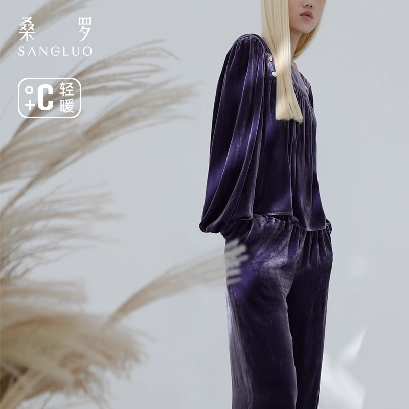 Mulberry silk velvet pajama set, solid color square collar home wear for autumn and winter