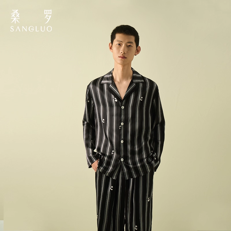 Panda-printed home wear silk pajama set for men