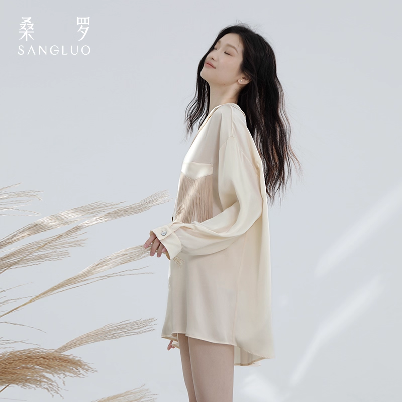 Sang silk pajamas with romantic tassels, casual and loose home wear