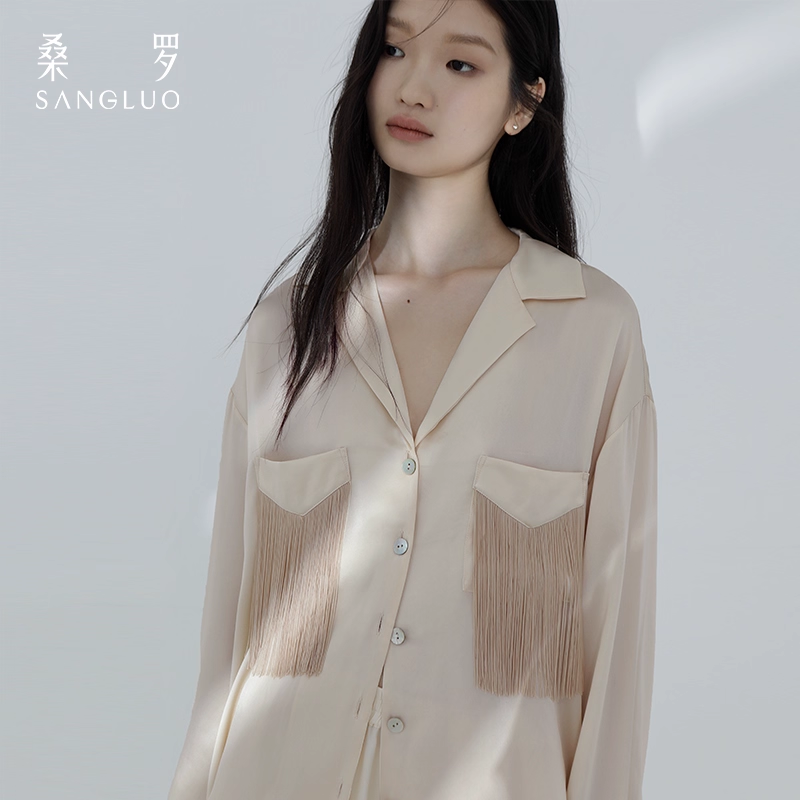 Sang silk pajamas with romantic tassels, casual and loose home wear