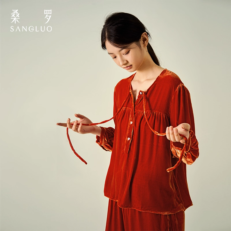 Mulberry silk velvet pajamas set for home wear in autumn and winter
