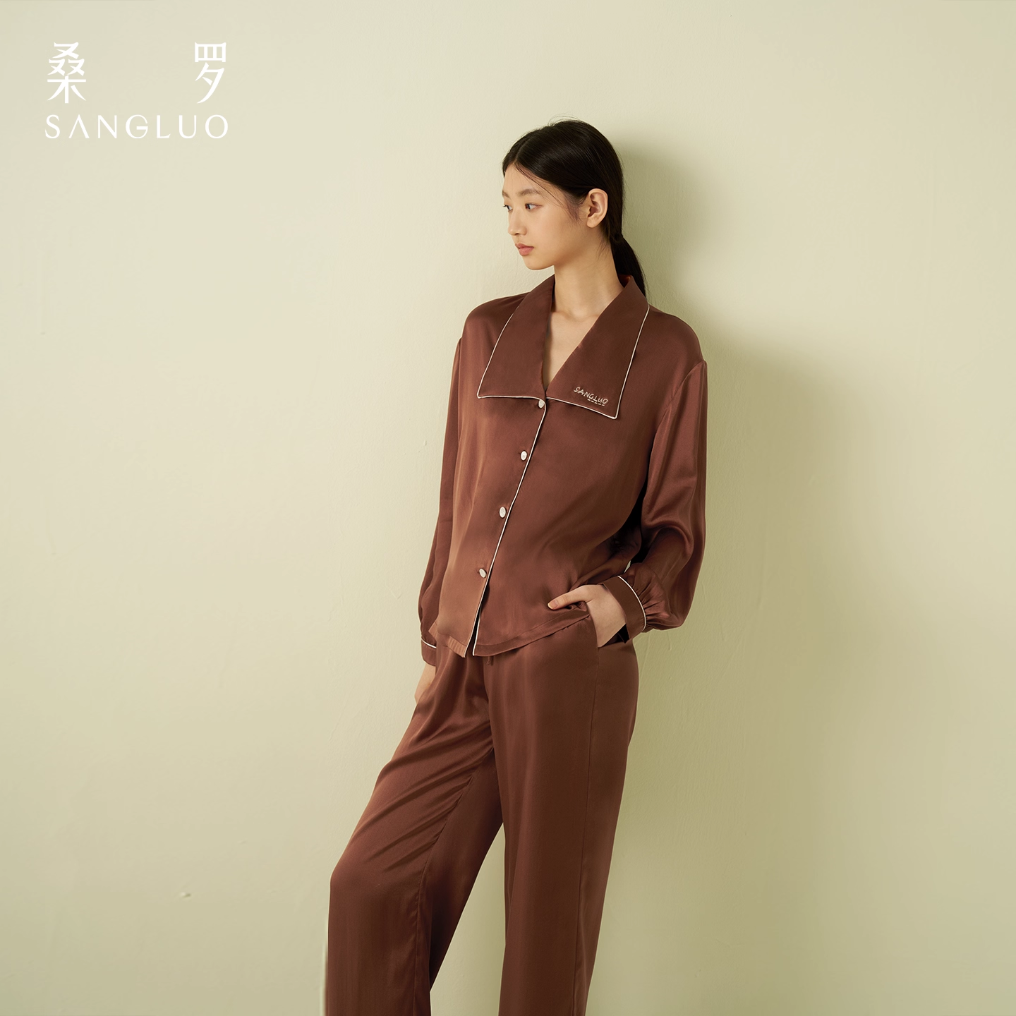 Sangluo Silk pajamas 100% mulberry silk 23mm long-sleeved home wear