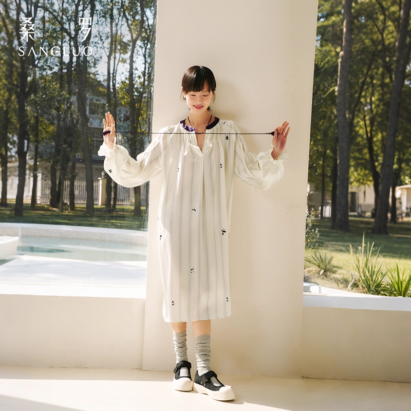 Silk panda dress striped printed pajamas and home wear