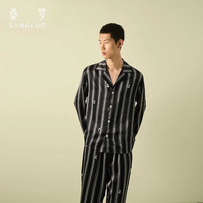 Panda-printed home wear silk pajama set for men