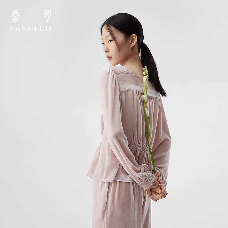 Mulberry silk velvet pajama set, solid color square collar home wear for autumn and winter