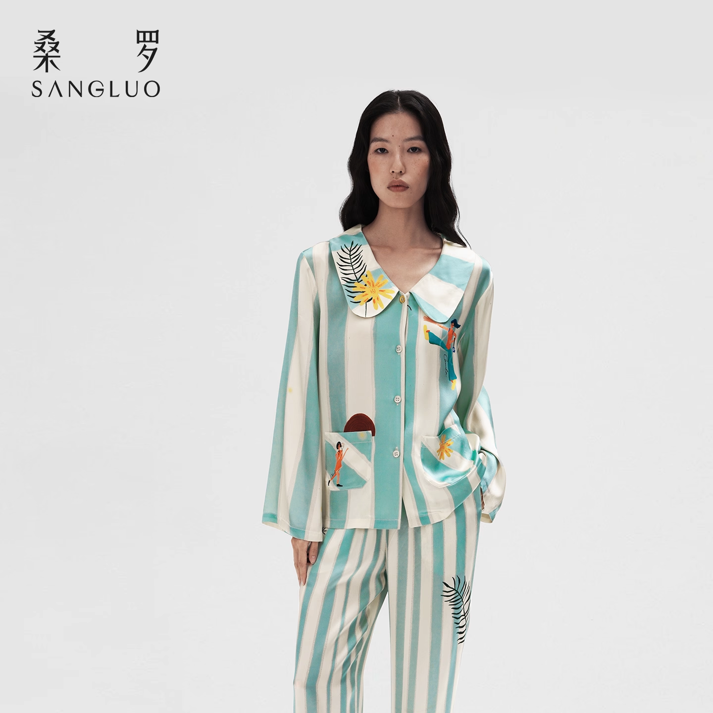 Sanluo Tongqu 100% Mulberry Silk Long-sleeved pajamas Set for Home wear