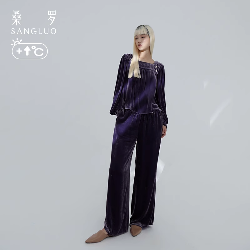 Mulberry silk velvet pajama set, solid color square collar home wear for autumn and winter
