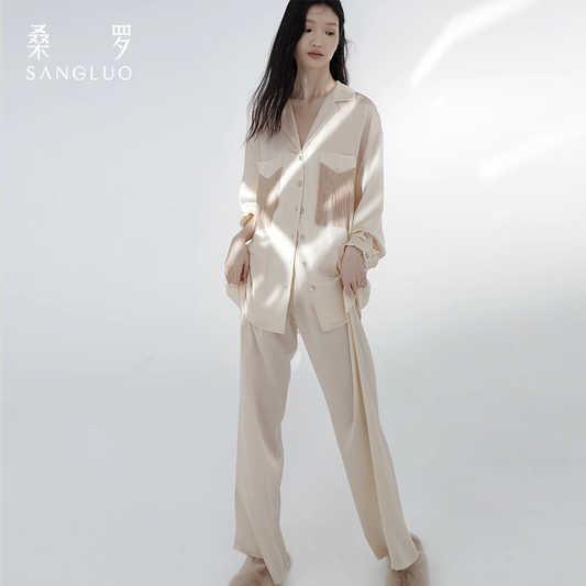 Sang silk pajamas with romantic tassels, casual and loose home wear