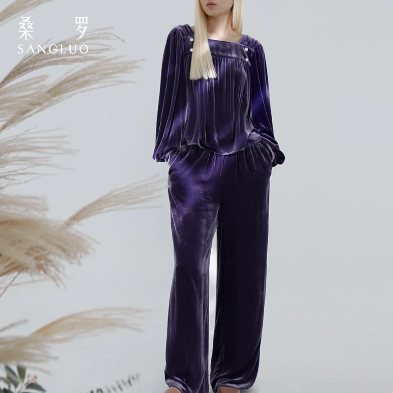 Mulberry silk velvet pajama set, solid color square collar home wear for autumn and winter