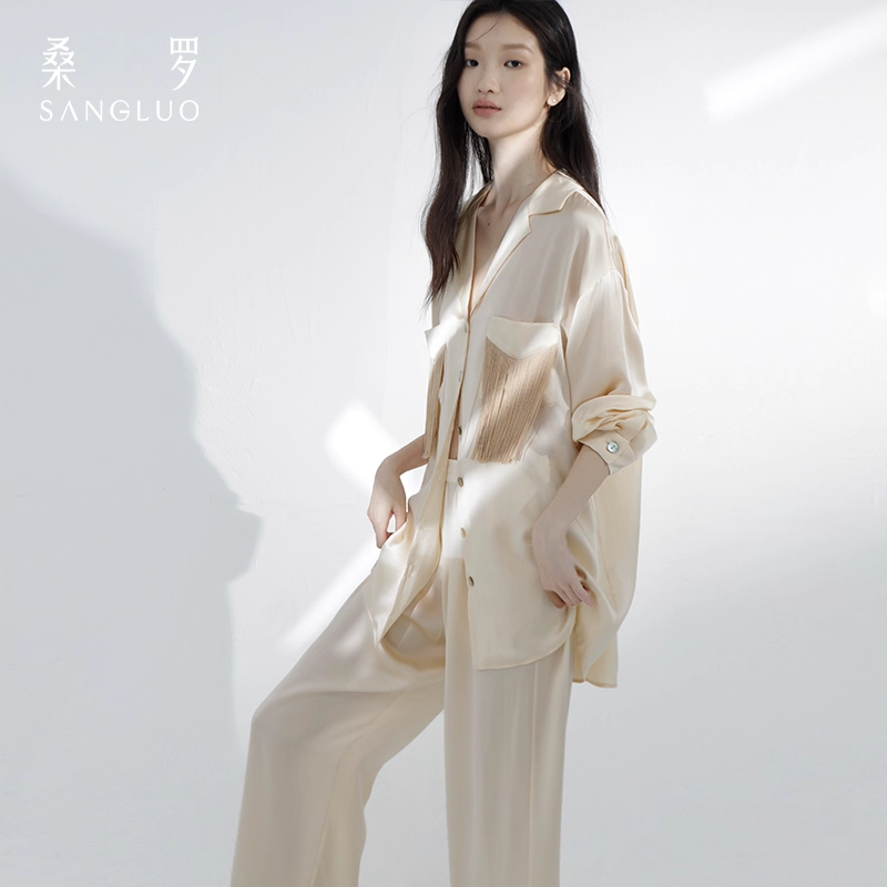 Sang silk pajamas with romantic tassels, casual and loose home wear