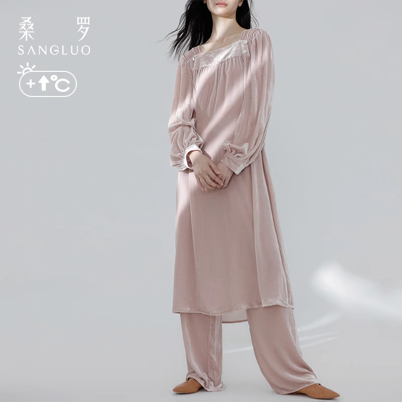 Mulberry silk velvet pajama set, solid color square collar home wear for autumn and winter