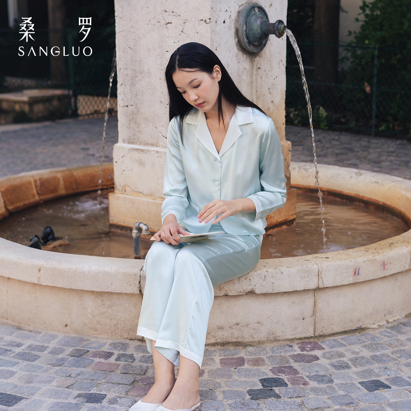 Sangluo Silk pajamas 100% mulberry silk 23mm long-sleeved home wear