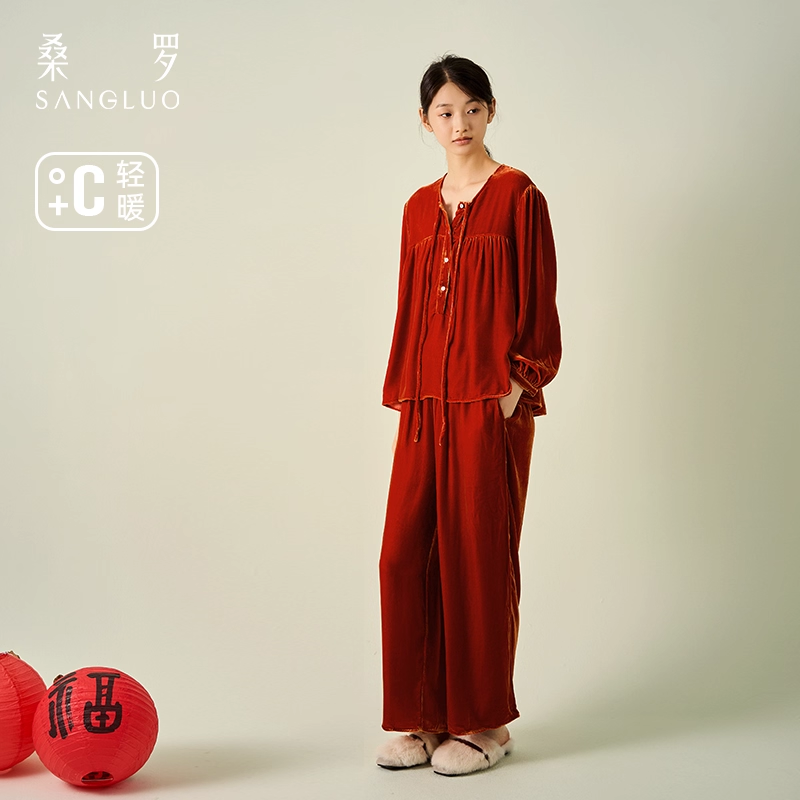 Mulberry silk velvet pajamas set for home wear in autumn and winter
