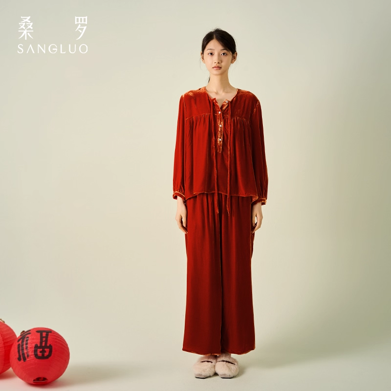 Mulberry silk velvet pajamas set for home wear in autumn and winter