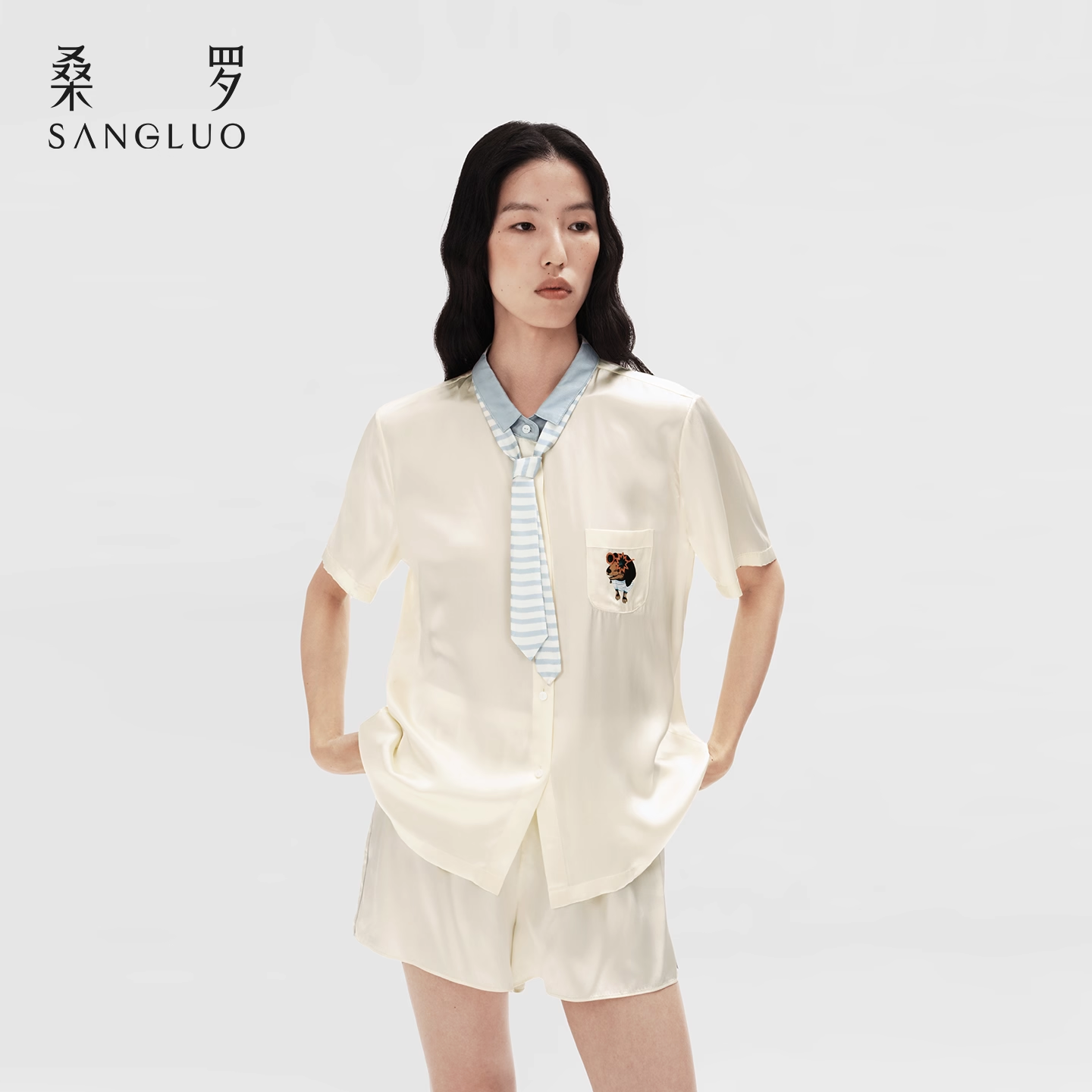 100% mulberry silk home wear short-sleeved silk pajama set