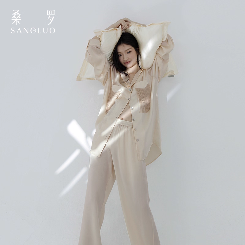 Sang silk pajamas with romantic tassels, casual and loose home wear