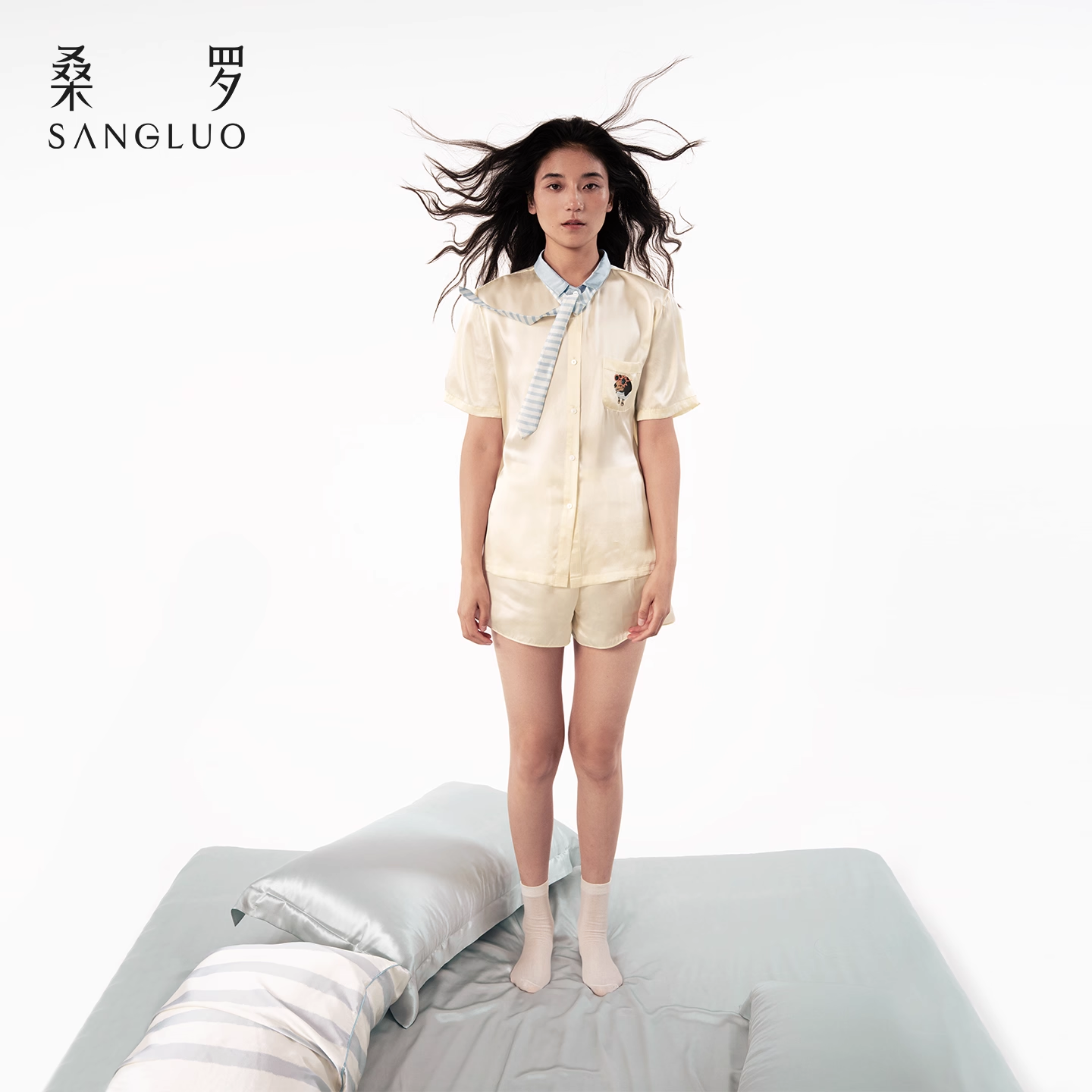 100% mulberry silk home wear short-sleeved silk pajama set