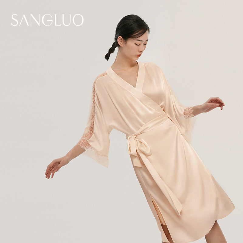 19MM Silk Nightgown Sexy Lace Elegant Robe